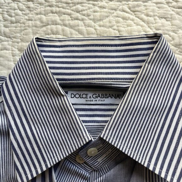 Dolce & Gabbana Men Top Blue Dress Shirt Striped Patterned Button Up Size Medium - Picture 4 of 7